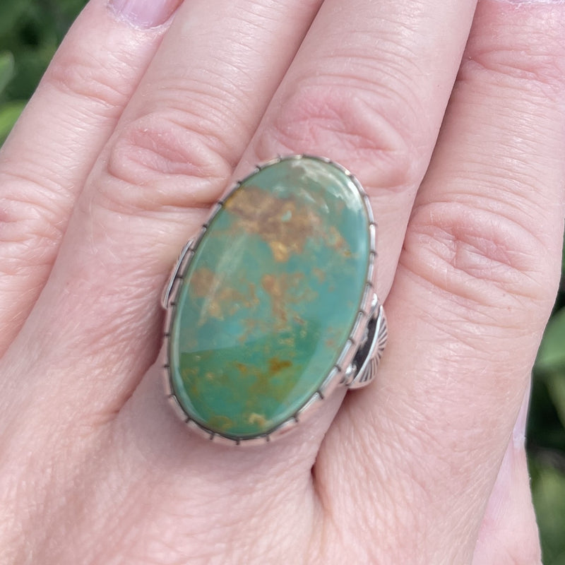 Large Navajo Green Turquoise and Sterling Silver Ring, vintage by Albert Jake - size 9.5  (JF146)