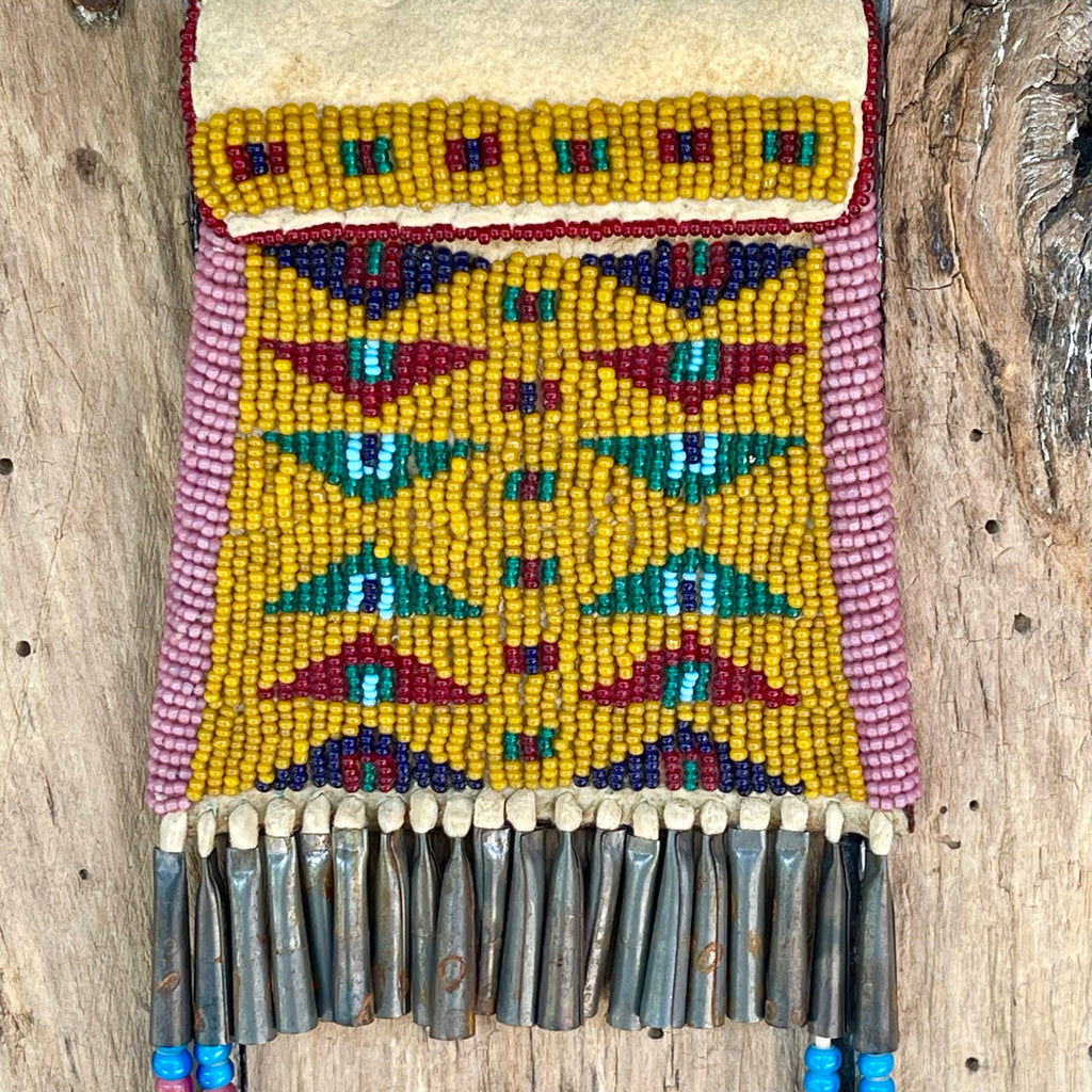 Santee Sioux Beaded Strike-a-Light Pouch with Metal Cones by Big Moose ca. mid 1900s (GM161)