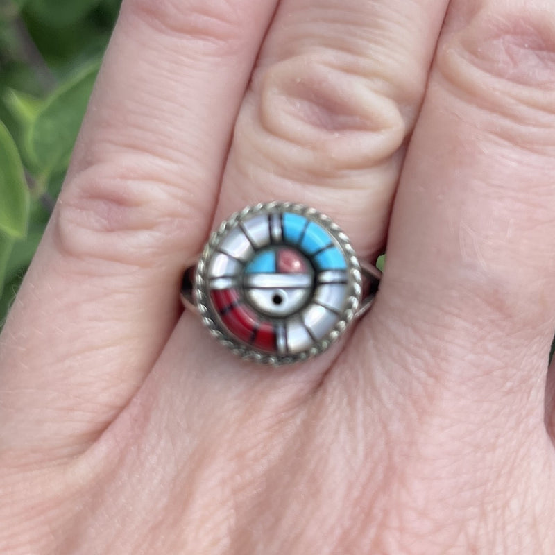 Authentic Zuni Sunface Ring with Multi-stone Inlay, vintage-size 8.5   (JF147)