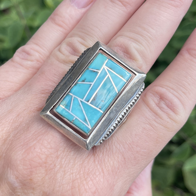 Genuine Navajo Channel Inlay Spinner Ring with Turquoise, vintage - size 9 - Rare & unique   (JF28)
