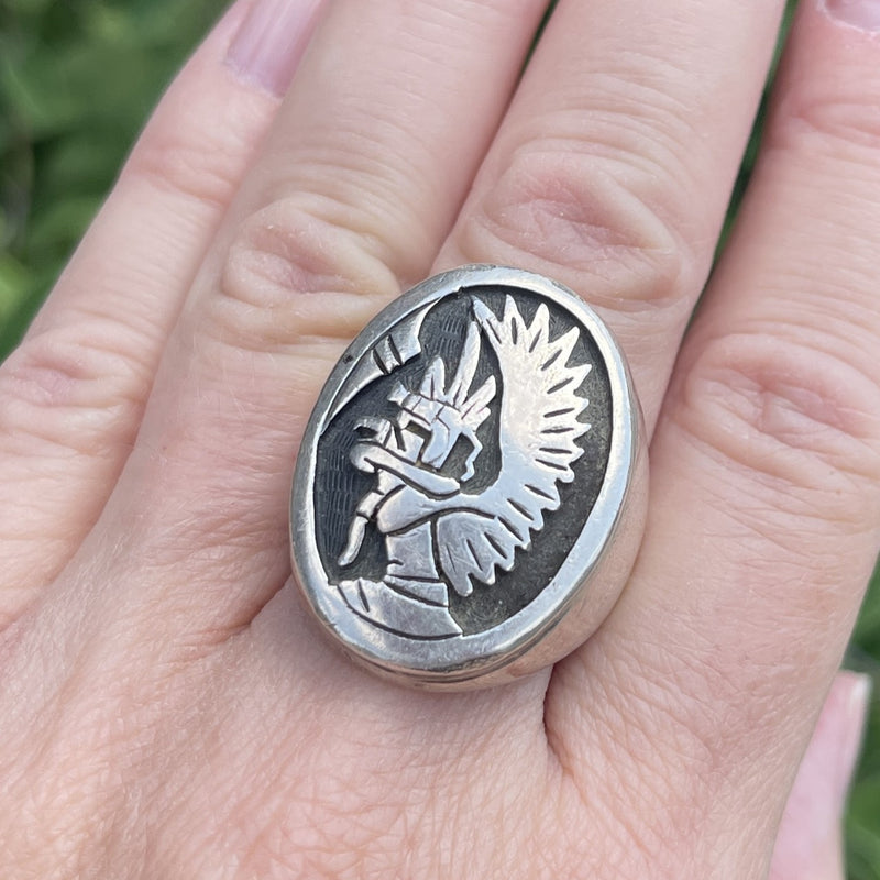 Joe Josytewa, Genuine Hopi Overlay Ring with Eagle Kachina Design, vintage-size 10.5    (JF284)