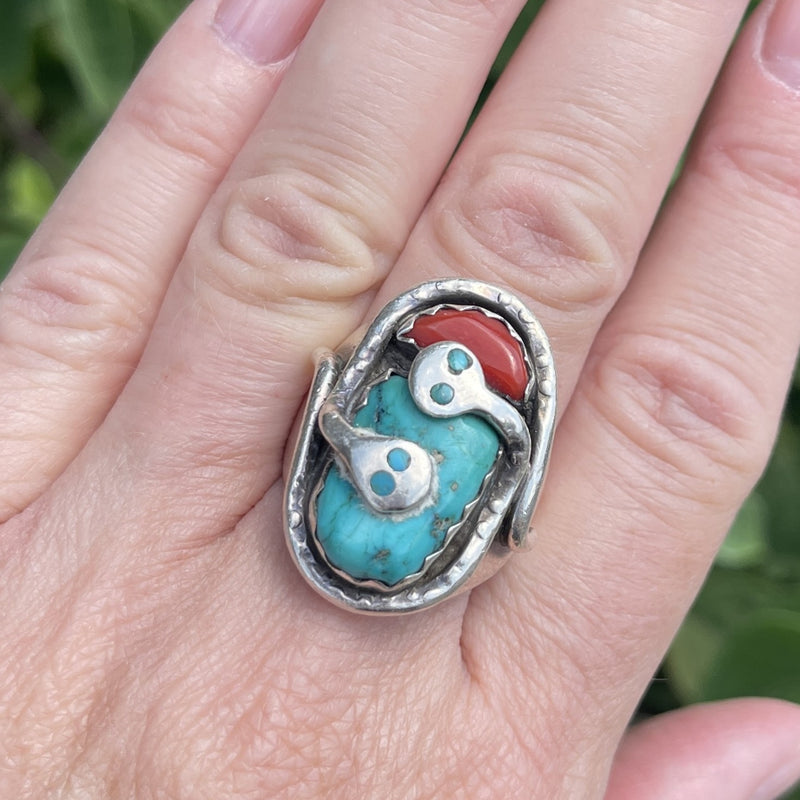 Effie Calavaza Vintage Zuni Turquoise and Coral Ring with Snake Design, authentic Native American - size 10.5   (JF125)