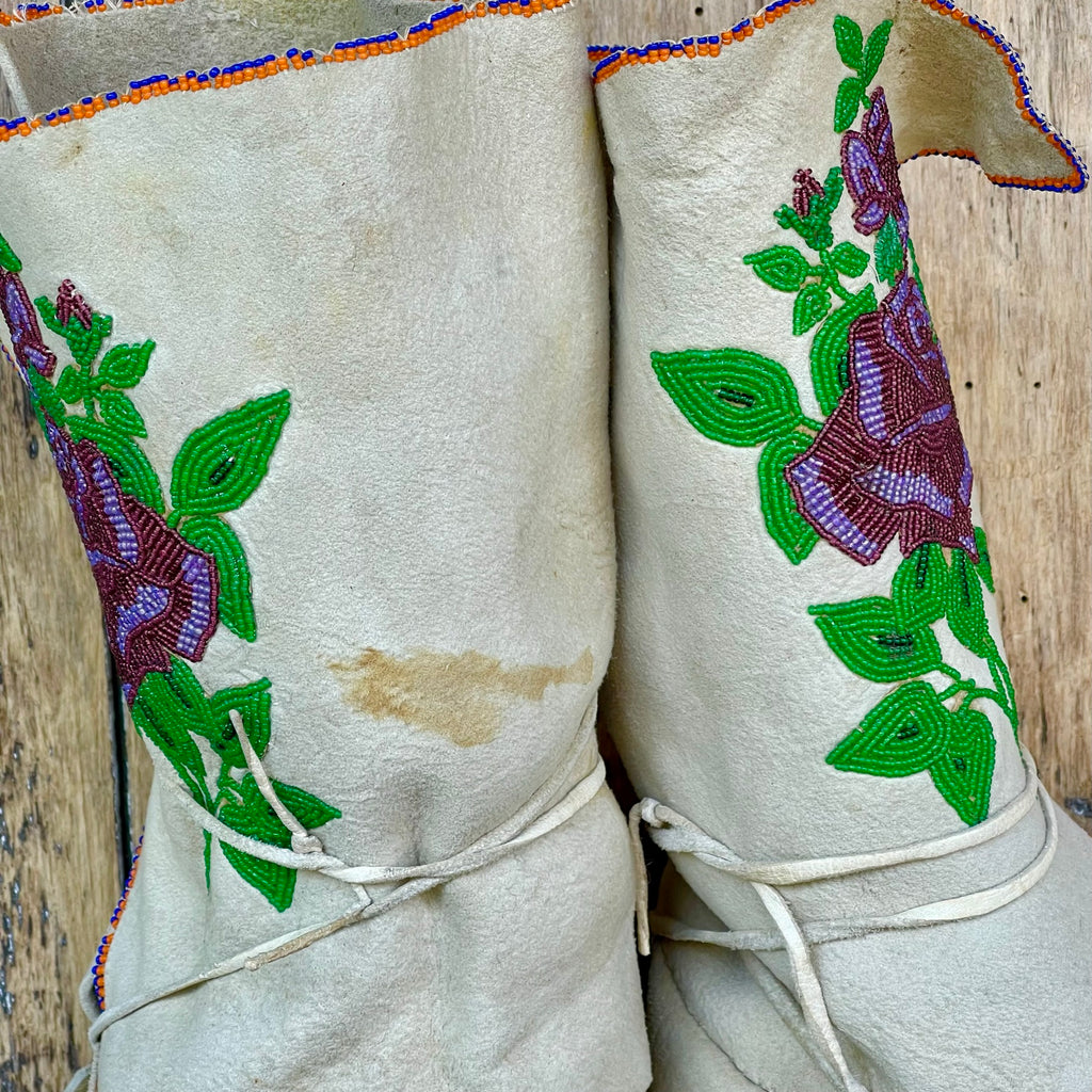 Plateau/Northern Rockies Native American Beaded Moccasins - Brain Tanned Leather- mid 1900s  (GM62)