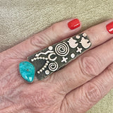 Alex Sanchez Sterling Silver Petroglyph Ring with Turquoise Stone, vintage  (BH112)