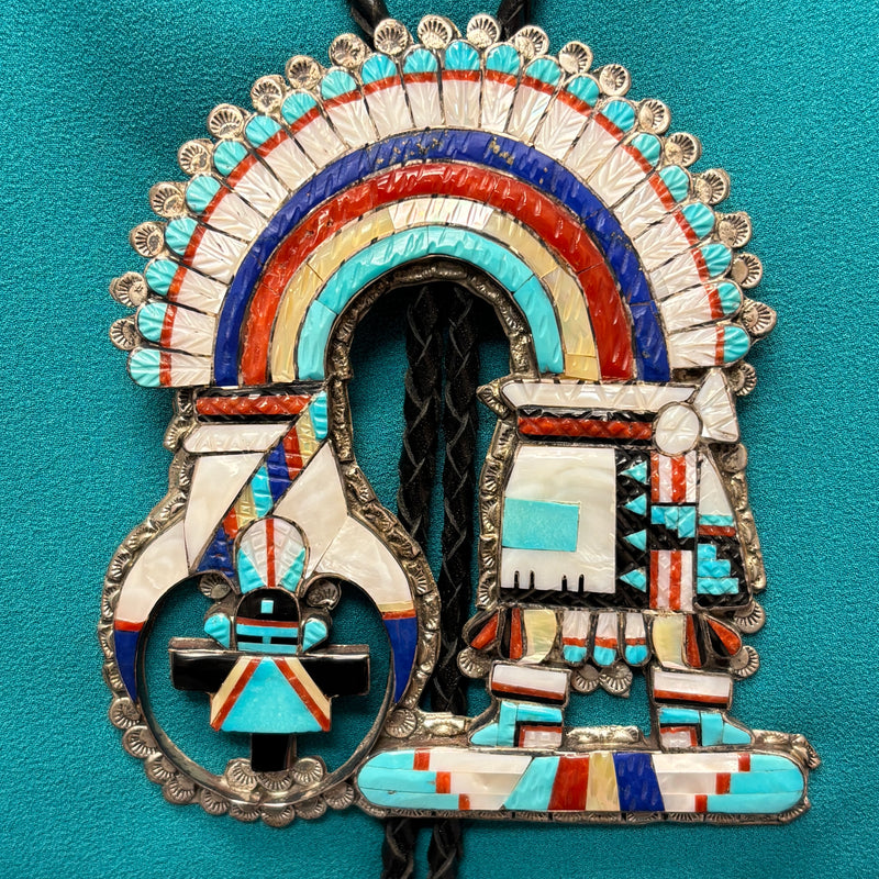 Eldred Martinez Zuni Inlay Rainbow Kachina Bolo Tie with Matching Fancy Tips and Display Stand, vintage Native American   (JF288)