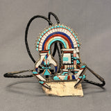 Eldred Martinez Zuni Inlay Rainbow Kachina Bolo Tie with Matching Fancy Tips and Display Stand, vintage Native American   (JF288)
