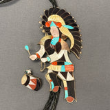 Jonathan Beyuka Zuni Inlay Dancer Bolo Tie with Matching Fancy Tips and Inlay Display Stand, vintage Native American (JF289)