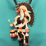 Jonathan Beyuka Zuni Inlay Dancer Bolo Tie with Matching Fancy Tips and Inlay Display Stand, vintage Native American (JF289)