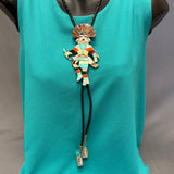 Eddie Beyuka Zuni Inlay Kachina Bolo Tie with Silver Drum Tips and Silver Display Stand, vintage Native American   (JF290)