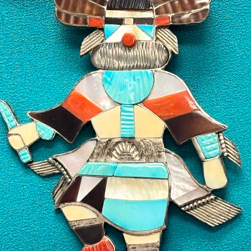 Eddie Beyuka Zuni Inlay Kachina Bolo Tie with Silver Drum Tips and Silver Display Stand, vintage Native American   (JF290)