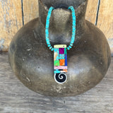 Mary Louise Tafoya, Kewa (Santo Domingo) Pueblo Multi-Stone Mosaic Pendant on Turquoise Necklace (5/93)