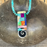 Mary Louise Tafoya, Kewa (Santo Domingo) Pueblo Multi-Stone Mosaic Pendant on Turquoise Necklace (5/93)
