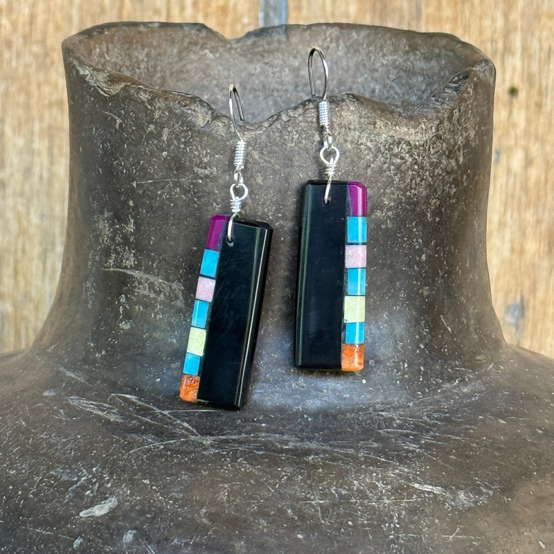Mary Louise Tafoya, Kewa (Santo Domingo) Pueblo Black Jet Mosaic Earrings (5/99)