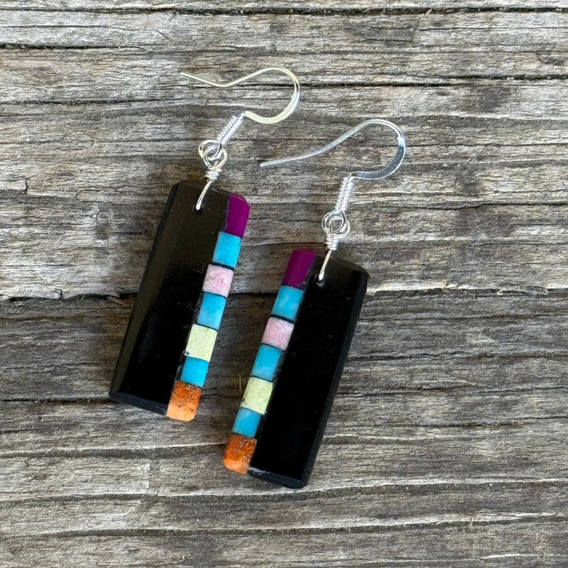 Mary Louise Tafoya, Kewa (Santo Domingo) Pueblo Black Jet Mosaic Earrings (5/99)