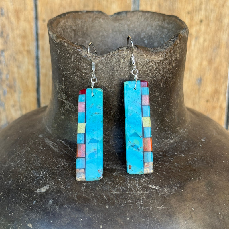 Native American Mosaic Dangle Earrings with Turquoise, Lapis, Coral and other materials. Mary Tafoya, Kewa (Santo Domingo) Pueblo 5/98