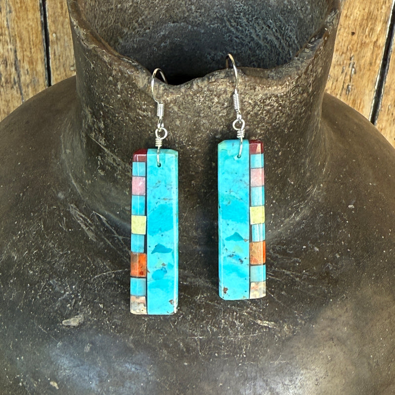 Native American Mosaic Dangle Earrings with Turquoise, Lapis, Coral and other materials. Mary Tafoya, Kewa (Santo Domingo) Pueblo 5/98