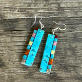 Native American Mosaic Dangle Earrings with Turquoise, Lapis, Coral and other materials. Mary Tafoya, Kewa (Santo Domingo) Pueblo 5/98