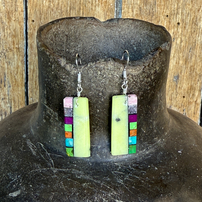 Native American Mosaic Dangle Earrings. Mary Tafoya, Kewa (Santo Domingo) Pueblo (5/95)