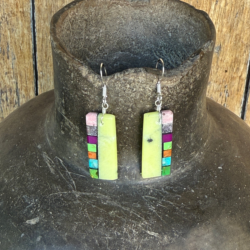 Native American Mosaic Dangle Earrings. Mary Tafoya, Kewa (Santo Domingo) Pueblo (5/95)