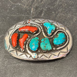 Effie Calavaza Vintage Zuni Turquoise and Coral Belt Buckle with Snake Design, authentic Native American   (JF126)