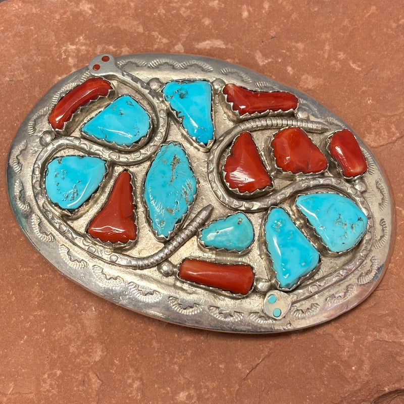 Effie Calavaza Vintage Zuni Turquoise and Coral Belt Buckle with Snake Design, authentic Native American   (JF122)