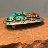 Effie Calavaza Vintage Zuni Turquoise and Coral Belt Buckle with Snake Design, authentic Native American   (JF126)