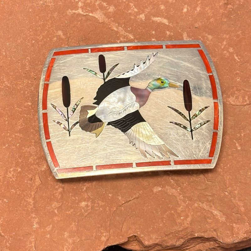 Dennis and Nancy Edaakie, Zuni Inlay Belt Buckle with Mallard Duck Design, vintage Native American   (JF61)