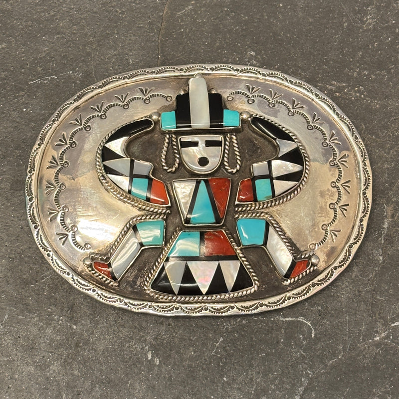 H. Spencer Vintage Navajo Inlay Belt Buckle with Celebration Man Design - Sterling Silver, authentic Native American   (JF129)