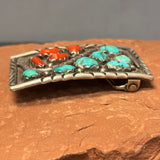 Wayne Calavaza Vintage Zuni Turquoise and Coral Belt Buckle with Snake Design, authentic Native American   (JF127)