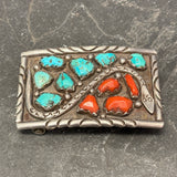 Wayne Calavaza Vintage Zuni Turquoise and Coral Belt Buckle with Snake Design, authentic Native American   (JF127)