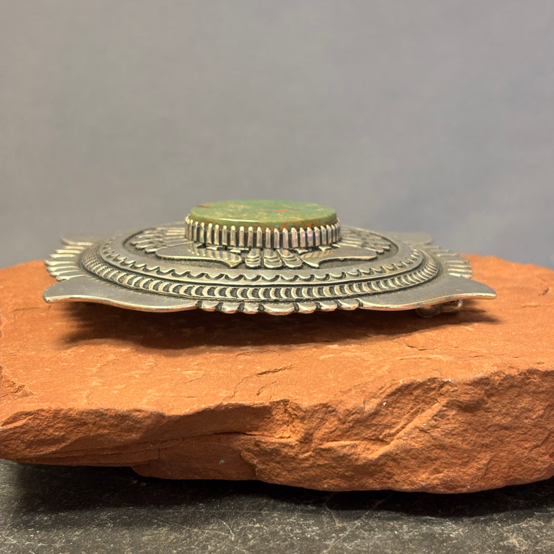 Tommy Singer Vintage Navajo Green Turquoise and Sterling Silver Belt Buckle, authentic Native American   (JF137)