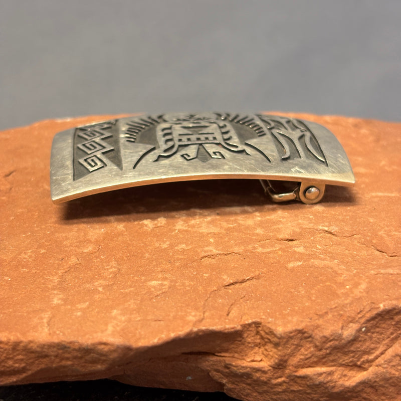 Steven Sockyma Hopi Silver Overlay Belt Buckle with Crow Mother Design  (JF132)