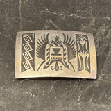 Steven Sockyma Hopi Silver Overlay Belt Buckle with Crow Mother Design  (JF132)