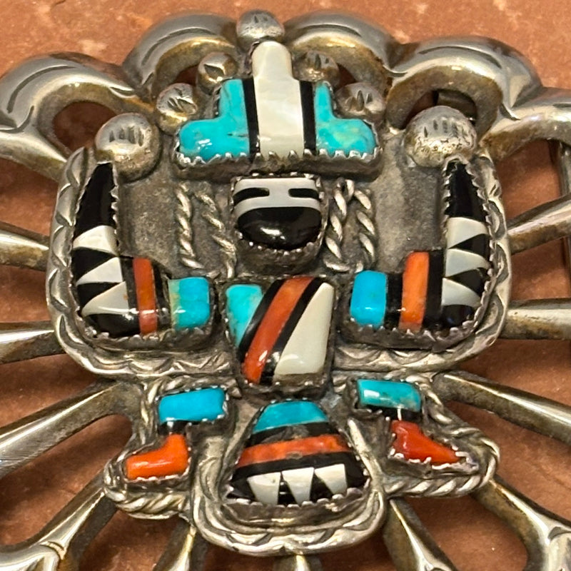 Vintage Navajo Inlay Scalloped Belt Buckle with Celebration Man Design - Sterling Silver, authentic Native American   (JF128)