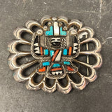 Vintage Navajo Inlay Scalloped Belt Buckle with Celebration Man Design - Sterling Silver, authentic Native American   (JF128)