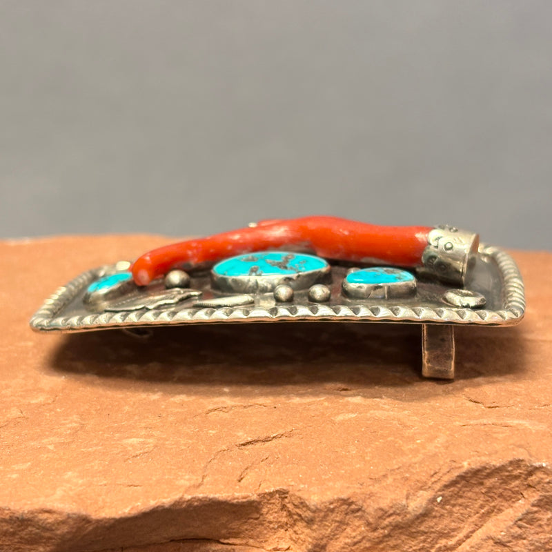 Navajo Sterling Silver Belt Buckle with Genuine Turquoise and Branch Coral  (JF44)