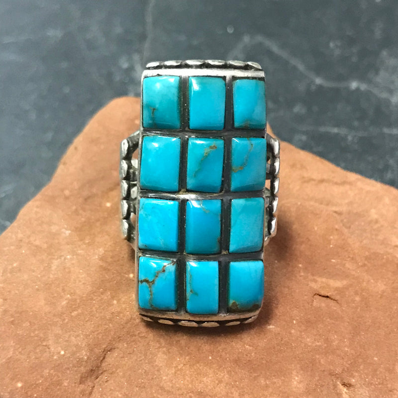 Navajo Cobblestone Inlay Sterling Silver and Turquoise Ring, Authentic Native American, vintage  - size 9.5   (JF29)