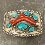 Navajo Sterling Silver Belt Buckle with Genuine Turquoise and Branch Coral  (JF44)