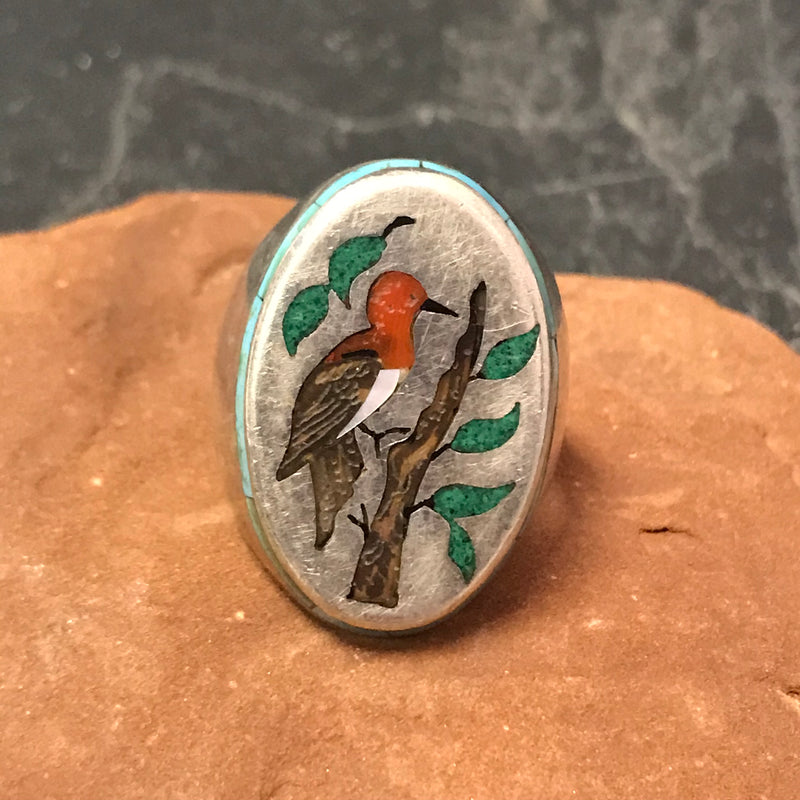 Zuni Sterling Silver Ring with Multi-Stone Inlay Roadrunner Design, vintage- size 11   (JF285)