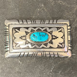 Tommy Singer Vintage Navajo Sterling Silver Overlay and Turquoise Belt Buckle, authentic Native American   (JF130)
