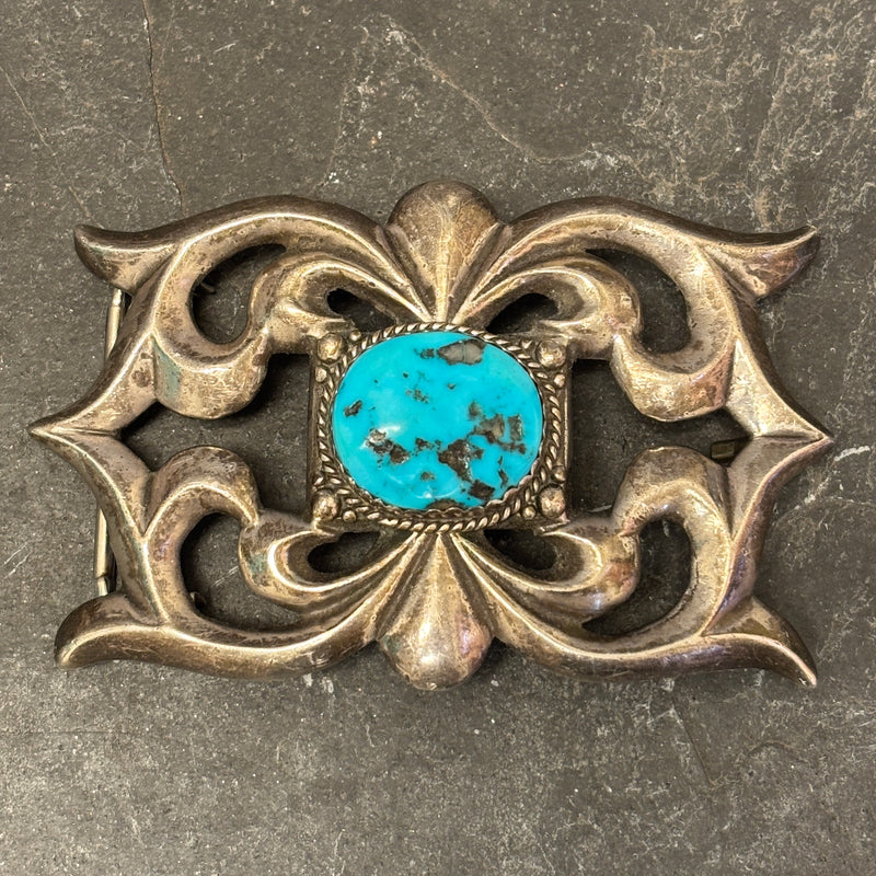 Navajo Sand Cast Silver Belt Buckle with Turquoise Stone  (JF43)