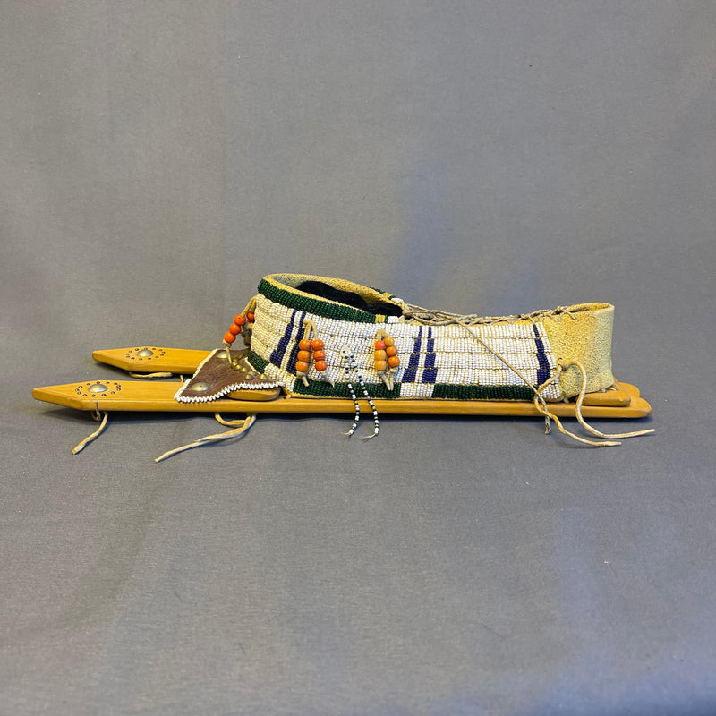 Lakota Miniature Vintage Beaded Cradleboard on Wooden backboard, Authentic Native American (GM25)