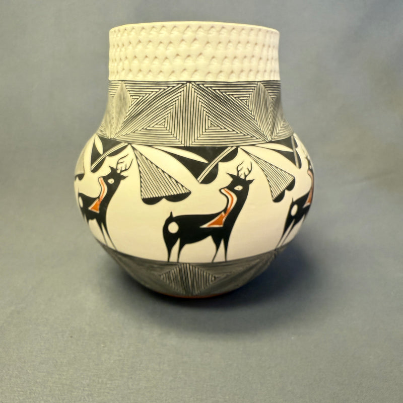 Louise Amos, Acoma pot with corrugated top and painted deer design, Louise Amos pot ca. 1990s (GM)