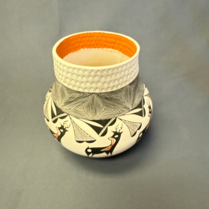 Louise Amos, Acoma pot with corrugated top and painted deer design, Louise Amos pot ca. 1990s (GM)