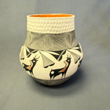 Louise Amos, Acoma pot with corrugated top and painted deer design, Louise Amos pot ca. 1990s (GM)