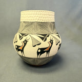 Louise Amos, Acoma pot with corrugated top and painted deer design, Louise Amos pot ca. 1990s (GM)