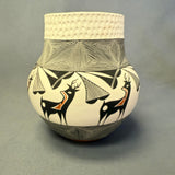 Louise Amos, Acoma pot with corrugated top and painted deer design, Louise Amos pot ca. 1990s (GM)