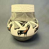 Louise Amos, Acoma pot with corrugated top and painted deer design, Louise Amos pot ca. 1990s (GM)