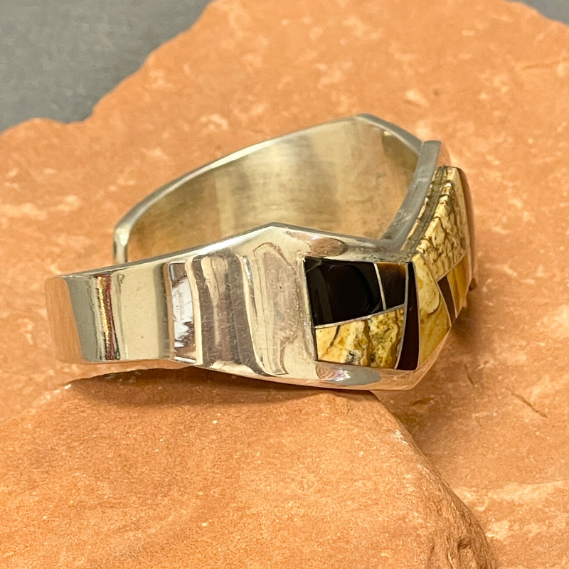 Wayne Muskett, Navajo Multi-Stone Channel Inlay Bracelet with Jet, Tiger Eye and Jasper, vintage (SS6)