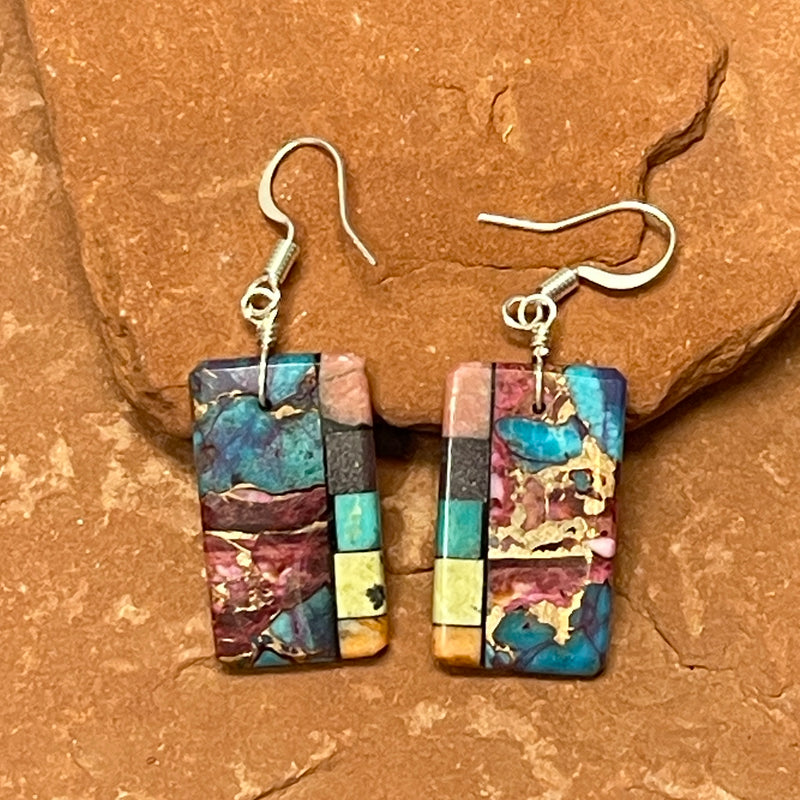 Mary Tafoya, Kewa (Santo Domingo) Pueblo, Native American Multi-Stone Mosaic Dangle Earrings   (5/243)
